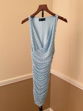 Zara Pale Blue Polka Dot Ruched V-Neck Midi Dress